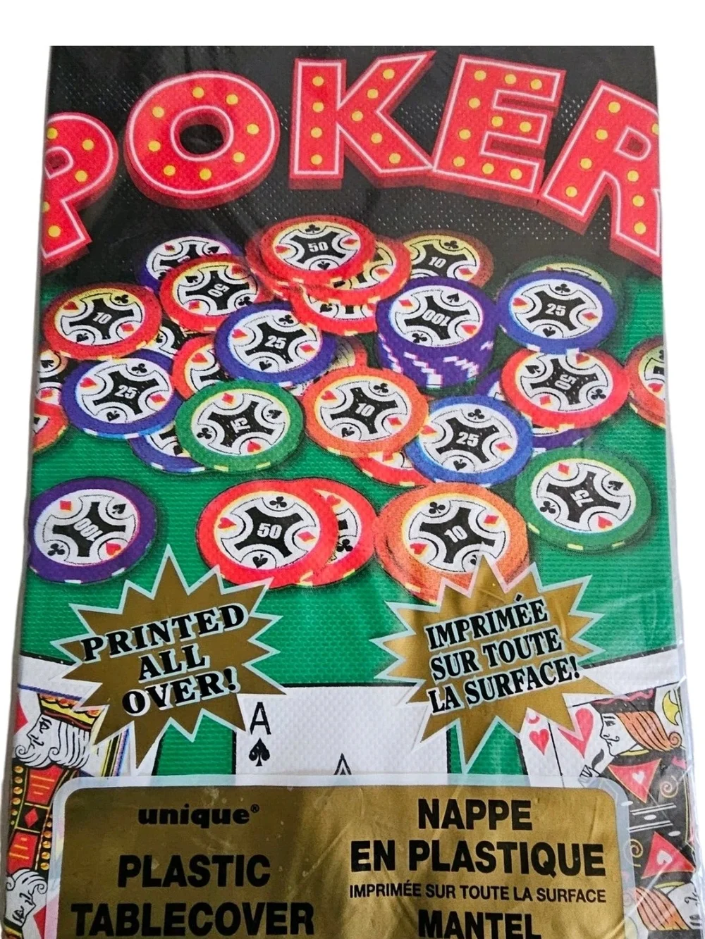 Nique Green Poker Chips Plastic Tablecover with Multicolor Chips Print
